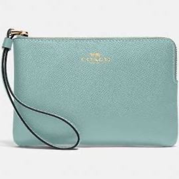Coach Corner Zip Small Leather Wristlet Light Teal Color - Picture 1 of 5